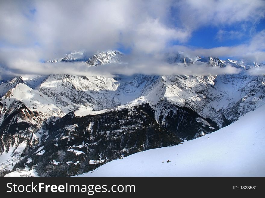 Winter sunny mountains peaks in France. Winter sunny mountains peaks in France