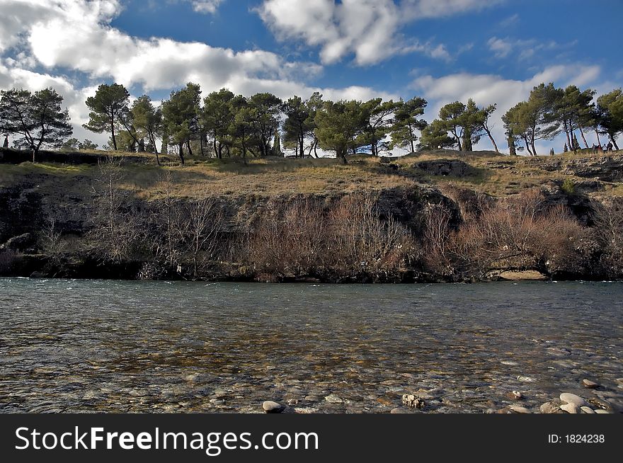 Tree's on riverside with puffy clouds in background and river on the bottom. Tree's on riverside with puffy clouds in background and river on the bottom