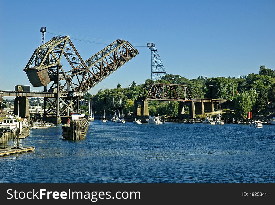 Train trestle draw bridge to the ship canal in Seattle, WA