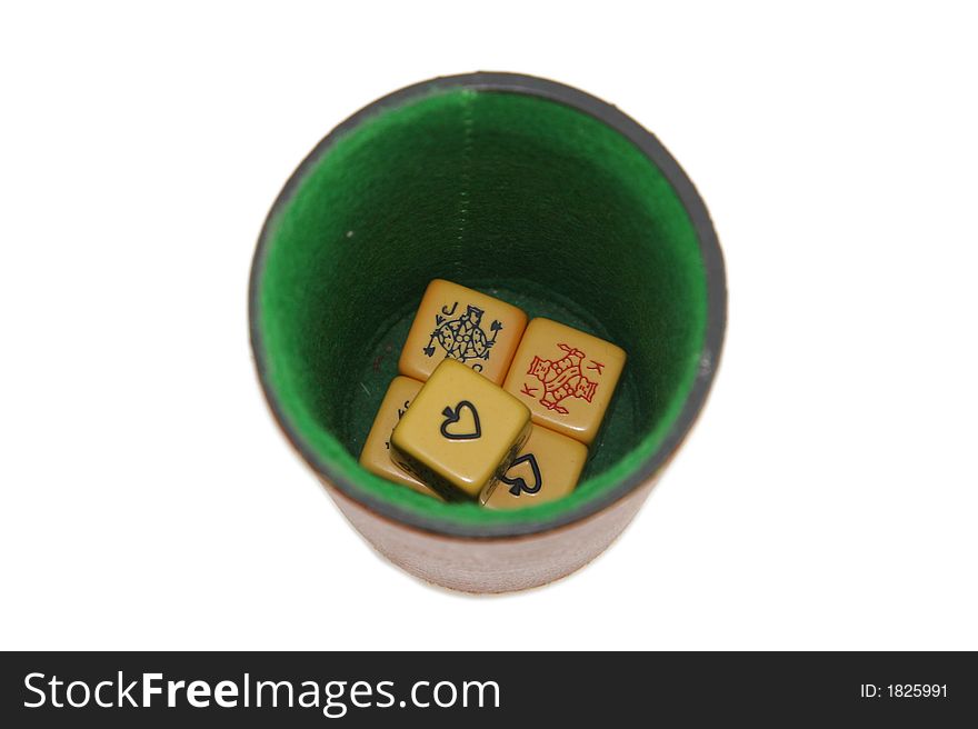 Poker dice in a throw cup isolated over white. Poker dice in a throw cup isolated over white