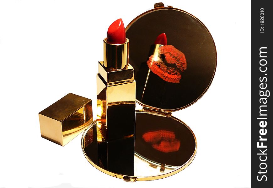 Red lipstick with lips print in double mirror. Red lipstick with lips print in double mirror
