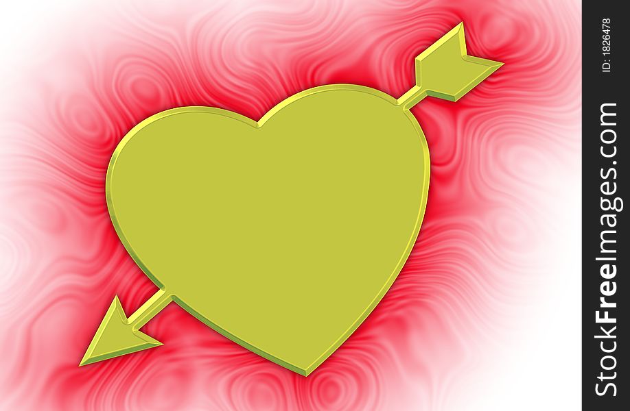 Golden heart and arrow on a red swirly background. Golden heart and arrow on a red swirly background