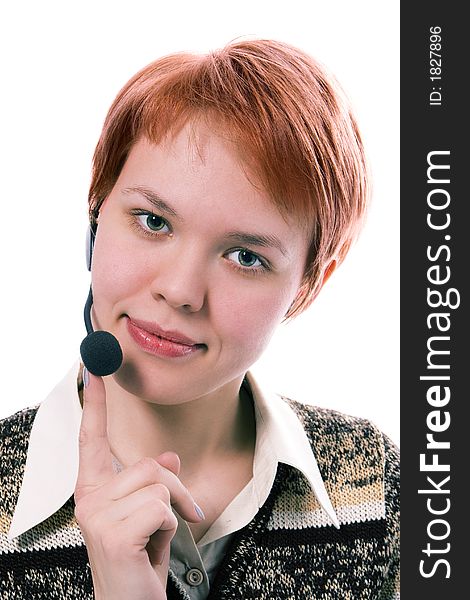 Beauty girl operator with headphones on white background