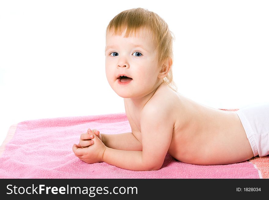 Beauty smile baby in towel on white background