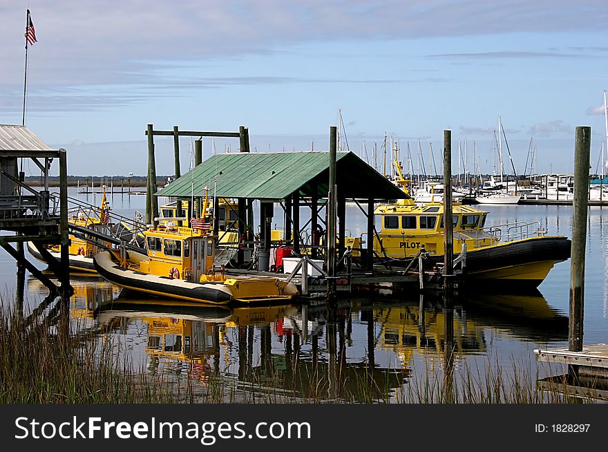 Colorful pilot boats captured at bayside marina