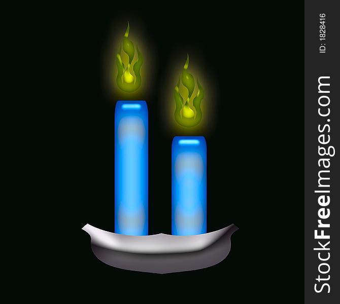 Illustration blue candles with glowing flame on black background. Illustration blue candles with glowing flame on black background