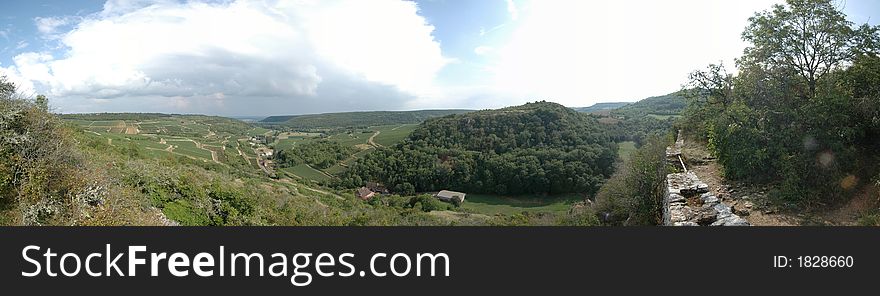 Panorama from the top of a hill with some crosses in Burgundy, France. Panorama from the top of a hill with some crosses in Burgundy, France