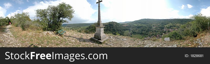 Panorama from the top of a hill with some crosses in Burgundy, France. Panorama from the top of a hill with some crosses in Burgundy, France