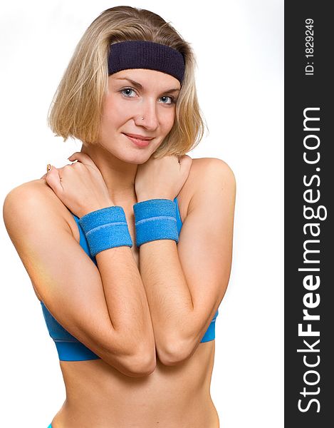 Picture of a blond girl with blue wristbands. Picture of a blond girl with blue wristbands