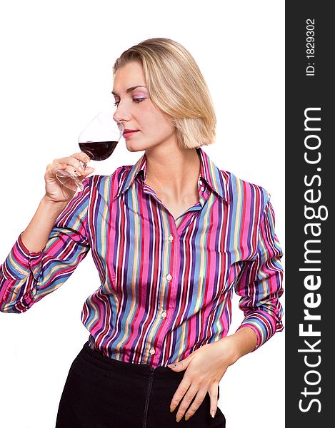 Picture of a beautiful blond girl with a glass of red wine. Picture of a beautiful blond girl with a glass of red wine