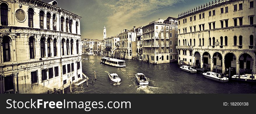 Panoramic photo of venice with view on the river