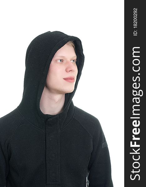 Young man wearing hood isolated on white. Young man wearing hood isolated on white