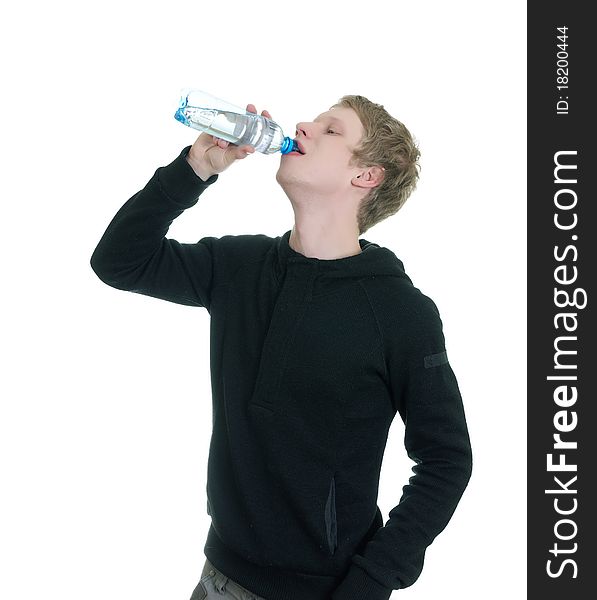 Man drinking bottled water isolated on white