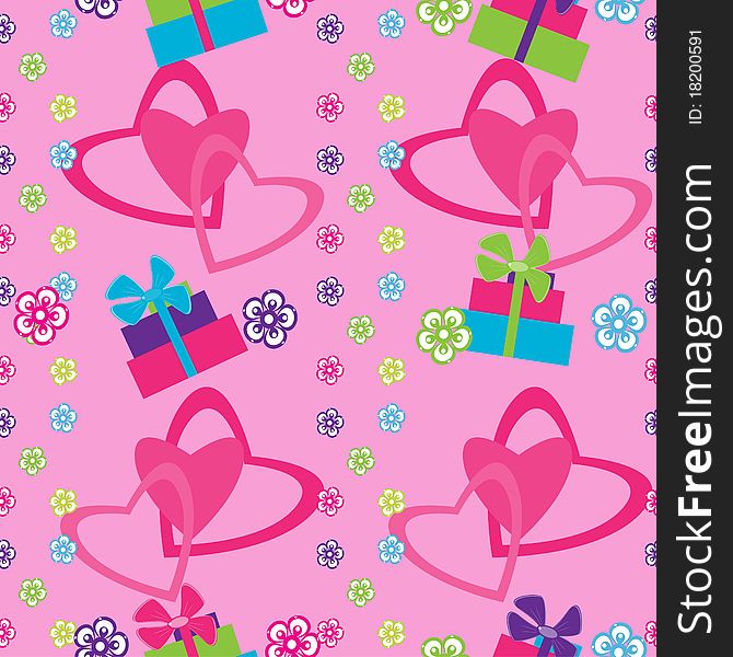 Seamless pattern with hearts and gifts on pink background