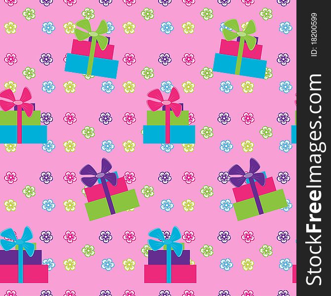 Seamless pattern with gifts and flowers on pink background. Seamless pattern with gifts and flowers on pink background