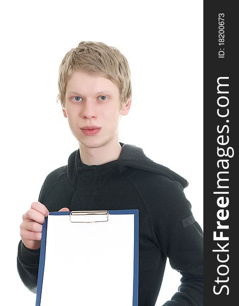 A young man holds a clipboard isolated on white
