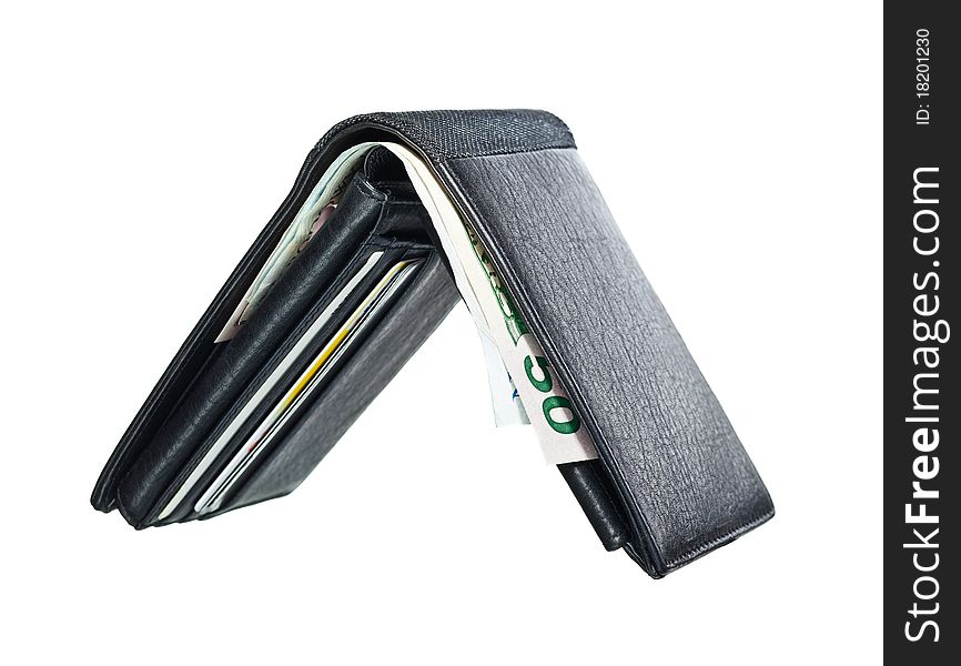 Black leather wallet Opened with cash and credit cards in it. Black leather wallet Opened with cash and credit cards in it.