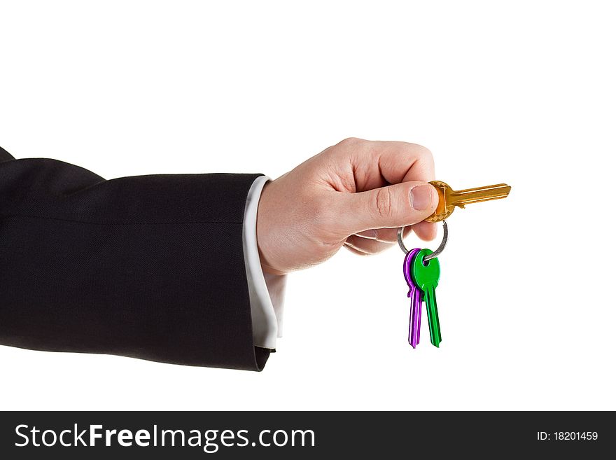 Businessman's Hand Holding Key isolated on white. Businessman's Hand Holding Key isolated on white
