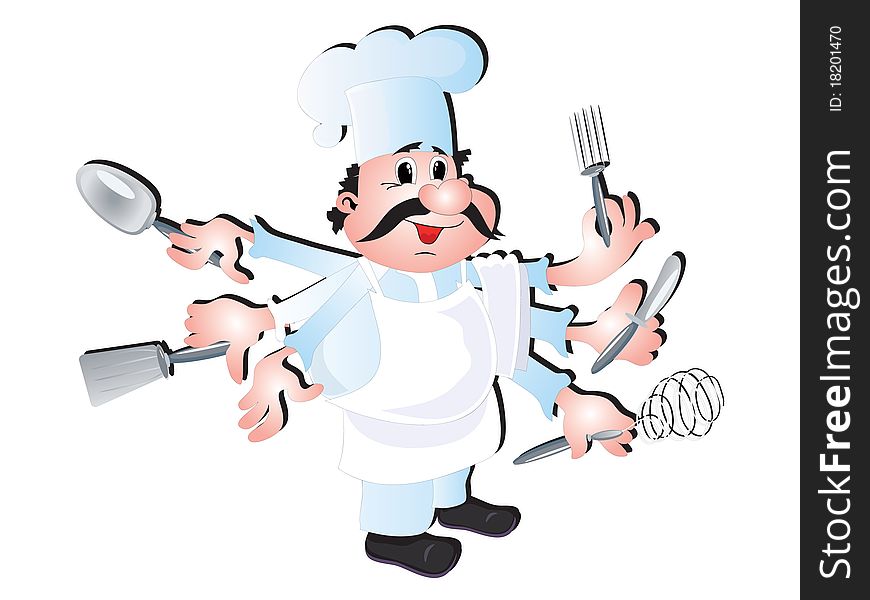 Cook chef with six hands ,icon isolated over white