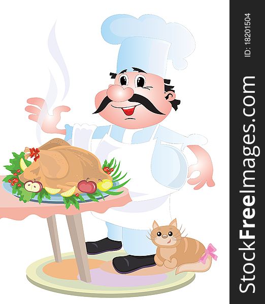Cook chef with turkey,isolated over white
