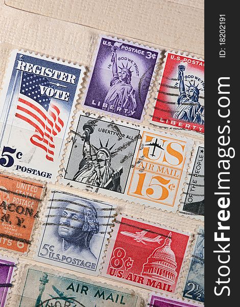 US postage stamps in album. US postage stamps in album.