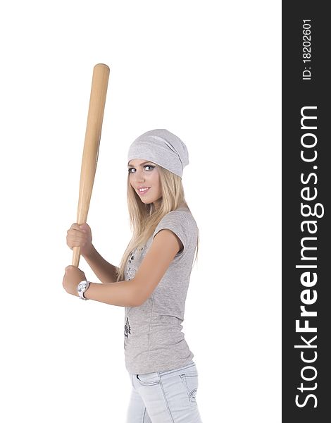 Girl with a bat on a white background