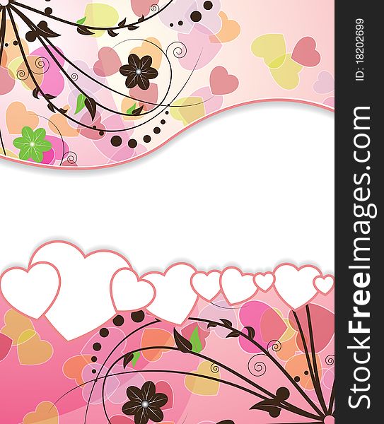 White hearts with a pink border on a floral background. White hearts with a pink border on a floral background