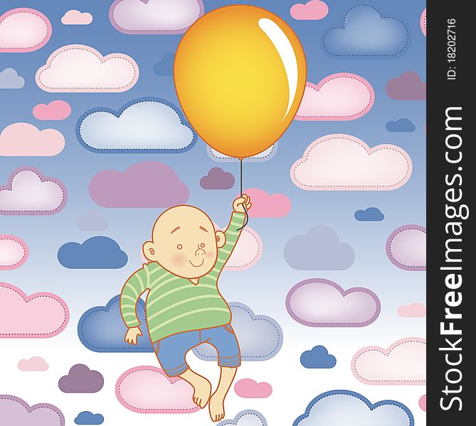 Young Child boy with balloon with Clouds Background