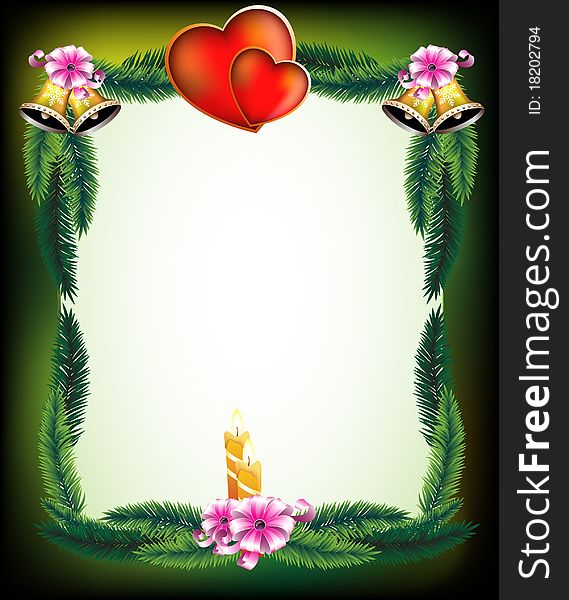 Hearts, candles, bells and ribbons on a green branches background. Hearts, candles, bells and ribbons on a green branches background