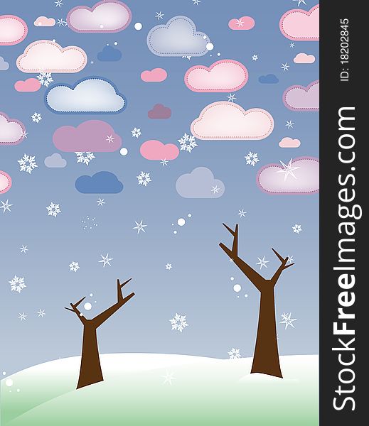 Retro Snowy Landscape With Leafless Trees Winter