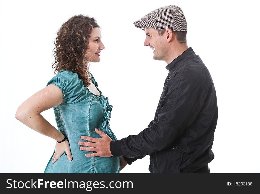 Happy family, parents waiting for a baby, man touching woman belly and smiling