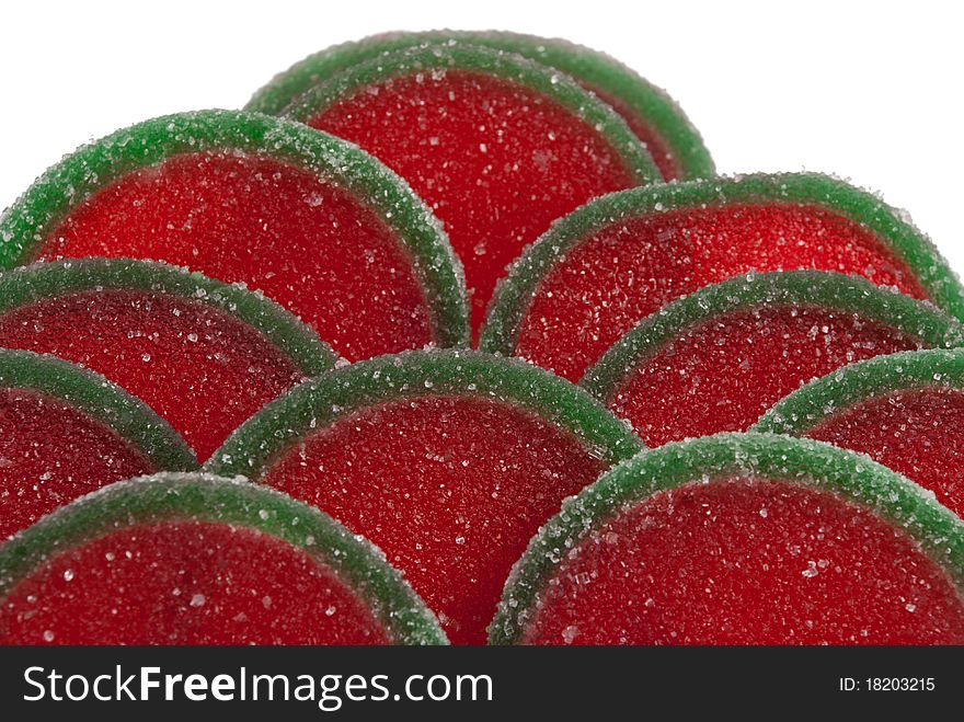 Fruit candy segments with taste of a water-melon. On a white background
