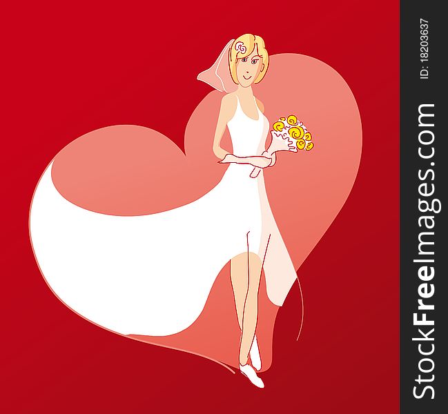 Illustration with a beautiful bride on red heart background