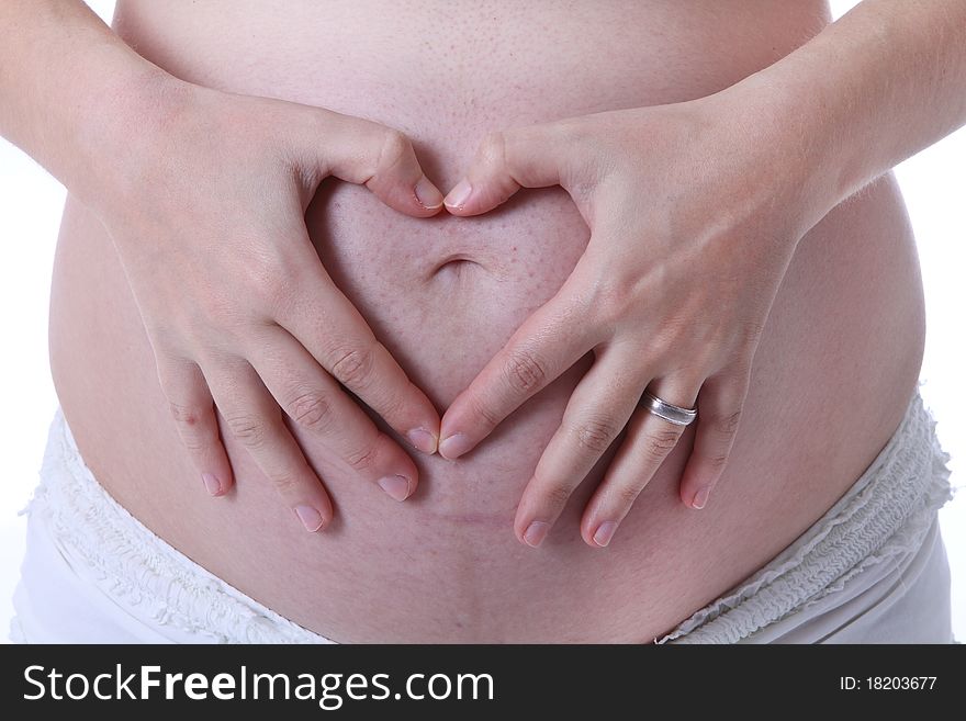 Pregnant belly girl isolated on white background