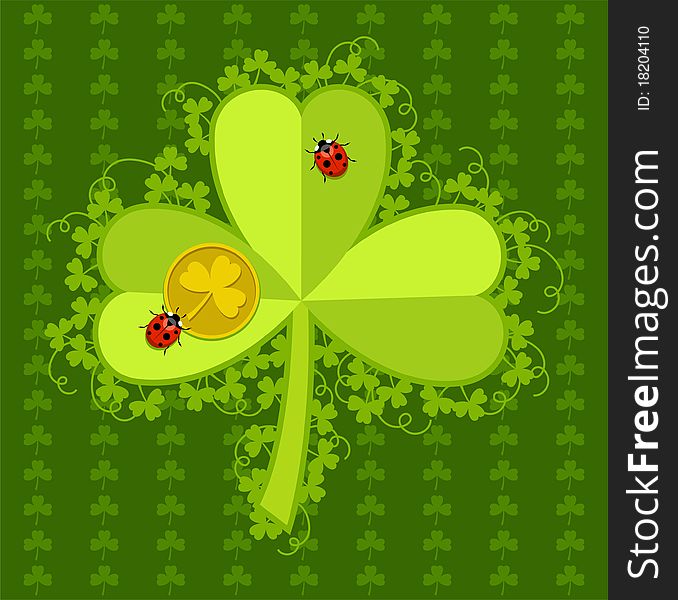 St. Patrick's Day card with clovers, ladybirds and gold coin. St. Patrick's Day card with clovers, ladybirds and gold coin