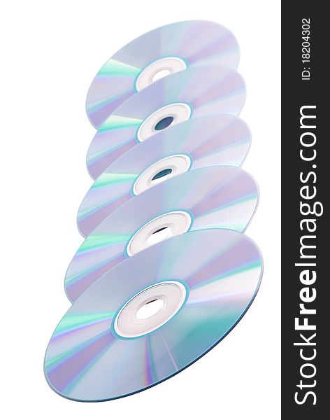 Five compact discs on a white background