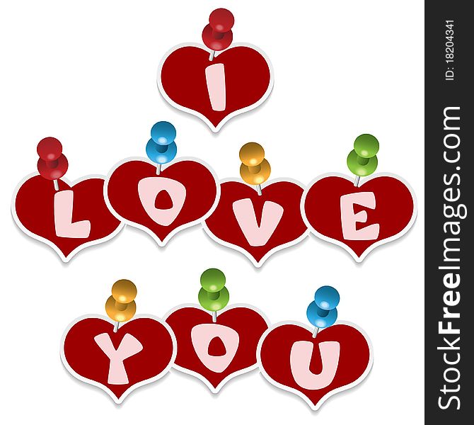 Pinned hearts and sign I love you (vector Illustration for web design)