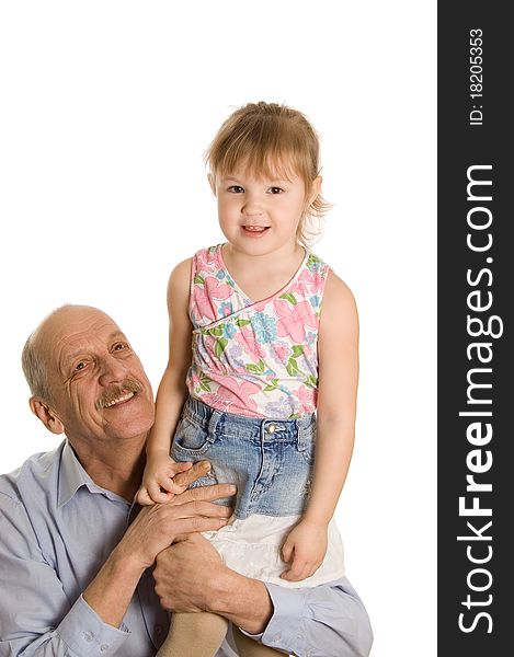 Grandfather with the granddaughter isolated on white background. Grandfather with the granddaughter isolated on white background