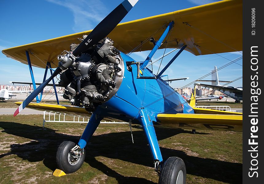 Classic blue biplane closeup detail