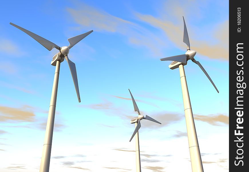 3D-modelled wind plant related to concepts such as ecology, green power, innovation and sustainable development