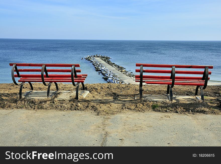 Resting place on sea panorama in a sunny winter day