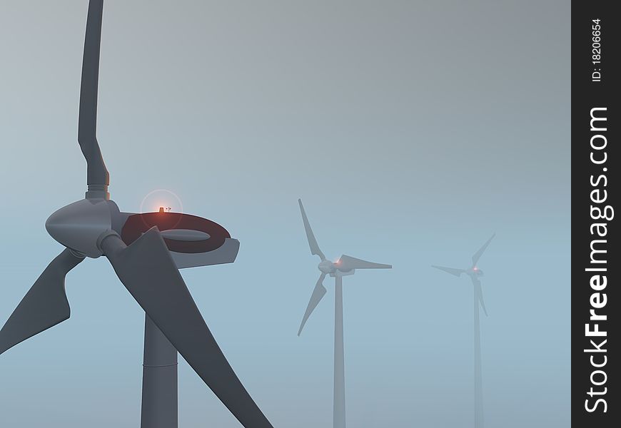 3D-modelled wind plant landscape illustrating concepts such as ecology, renewable energies and sustainable development. 3D-modelled wind plant landscape illustrating concepts such as ecology, renewable energies and sustainable development