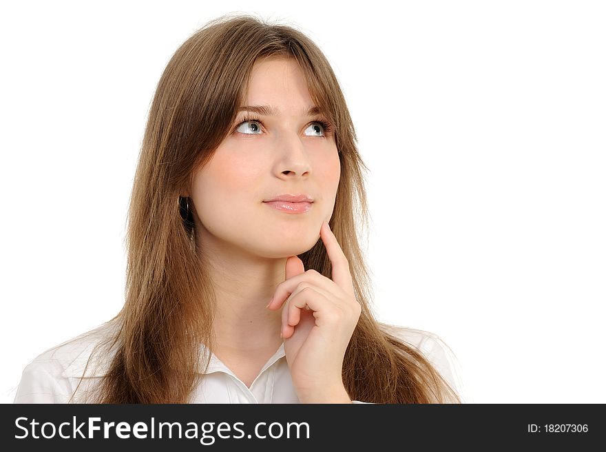 Portrait of reflecting young woman over white background