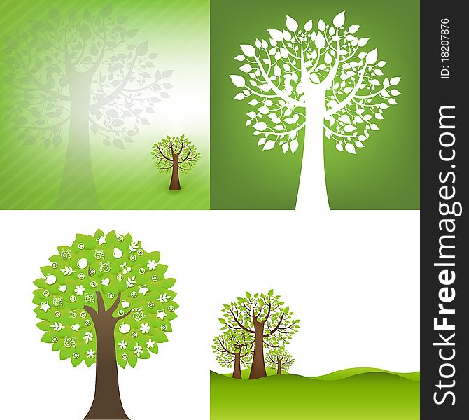 4 Green Background With Tree, Vector Illustration