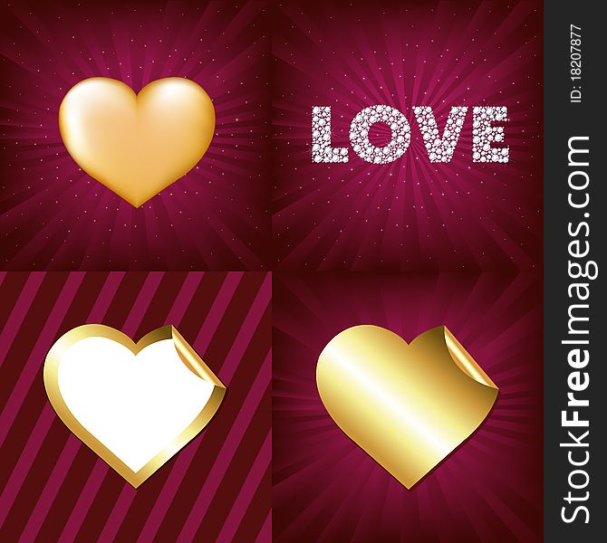 3 Gold Hearts And Word Love From Brilliants, Vector Illustration