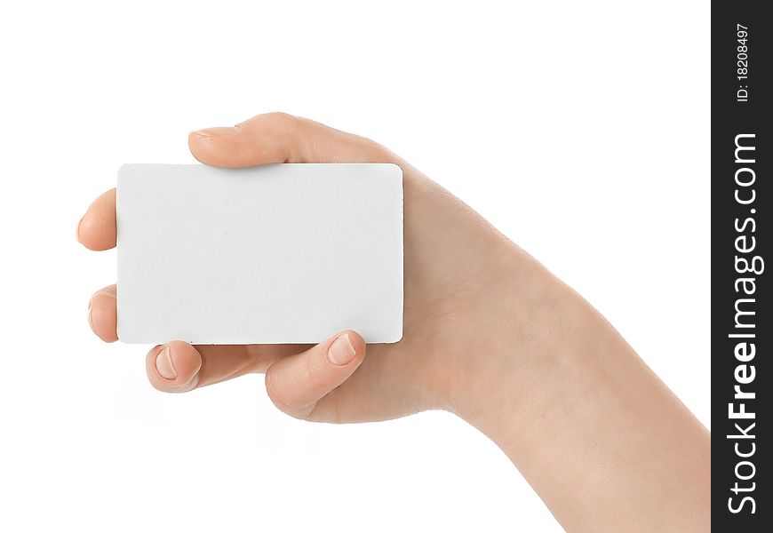 Isolated empty business card in a woman's hand. Just add your text. Isolated empty business card in a woman's hand. Just add your text