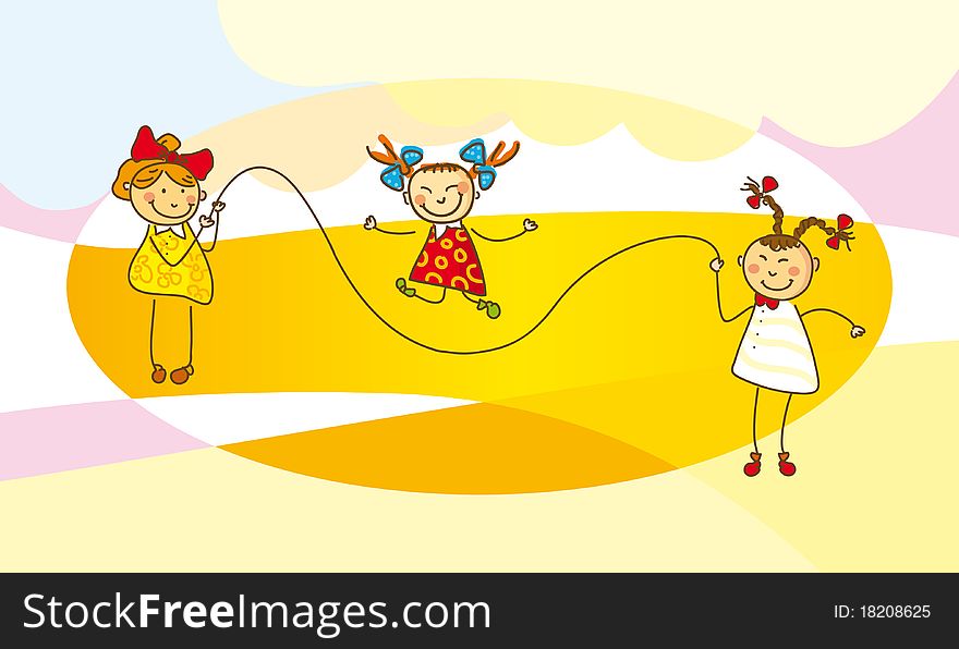 Illustration, girls jump with a skipping rope
