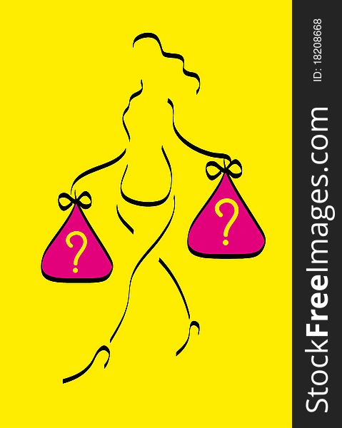 Illustration with a woman in difficult choices on yellow background