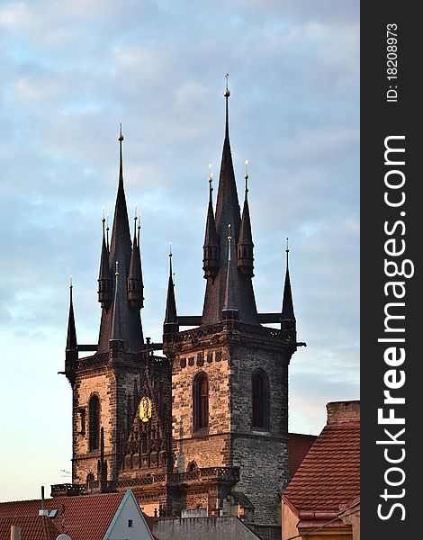 Gothic spires in the old town against evening sky. Prague. Czechia. Gothic spires in the old town against evening sky. Prague. Czechia