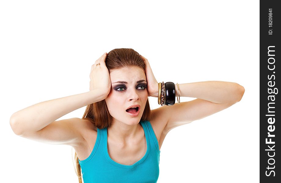 Girl in a dark makeup in blue T-shirt on white background with expression